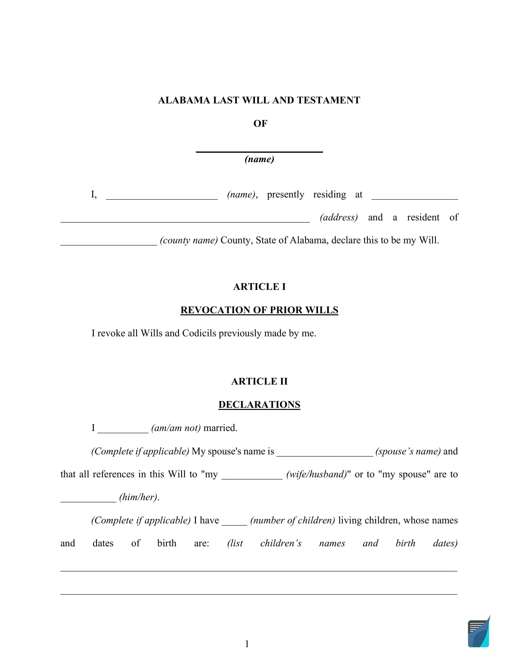 Alabama Blank Printable Last Will And Testament Forms