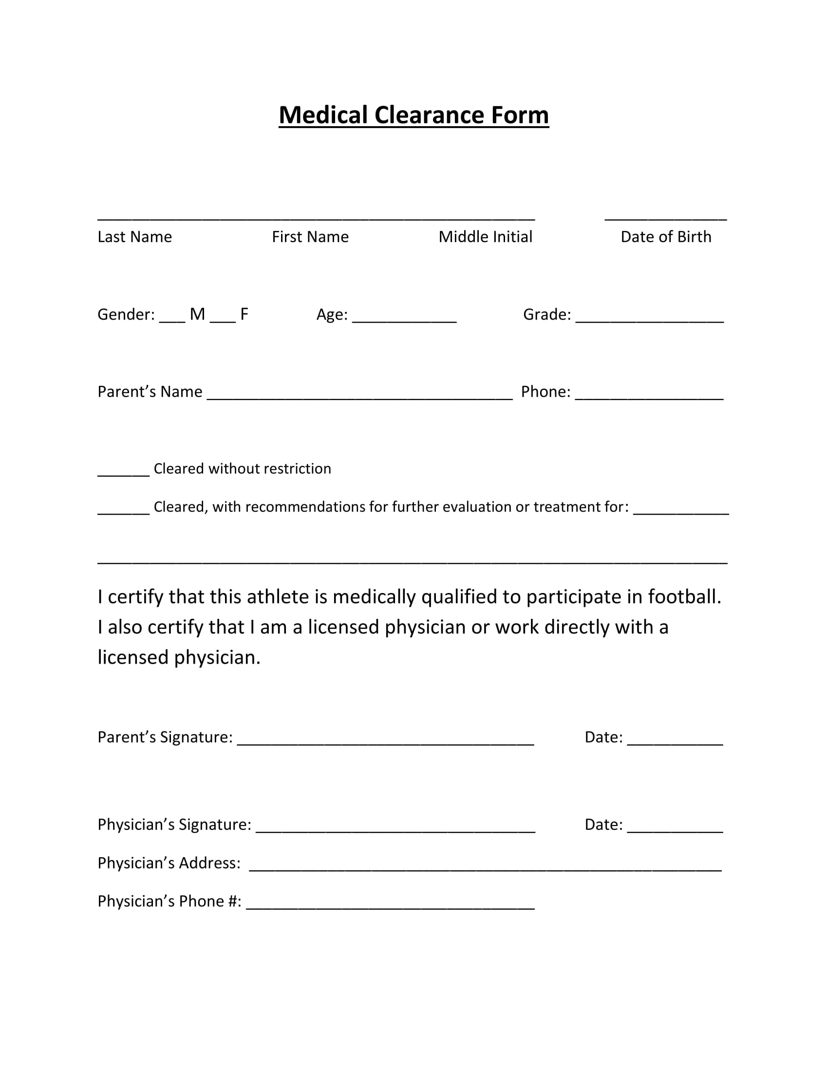 Printable Blank Dental Clearance Form